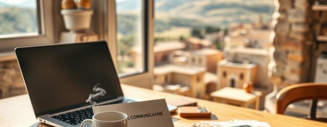 Scrivania in un studio di Abruzzo con laptop, brochure "L & L Communication", tazza di espresso e mappa; digital marketing abruzzo.