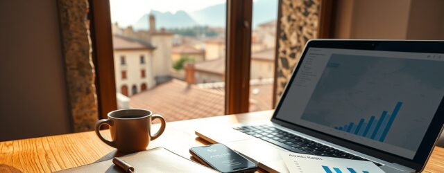 Spazio di lavoro di marketing digitale a Teramo con scrivania in quercia, laptop, tazza di espresso e vista sui tetti.