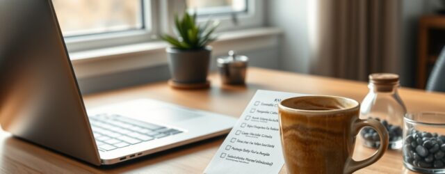 Scrivania in legno con laptop, checklist "7 Essential Criteria — Pescara Web Agency" e tazza di espresso; atmosfera calma.