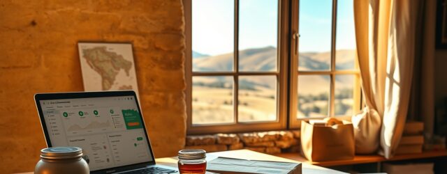 Ufficio domestico soleggiato con laptop, miele, olio d'oliva e scatole; e-commerce in Abruzzo con colline sullo sfondo.