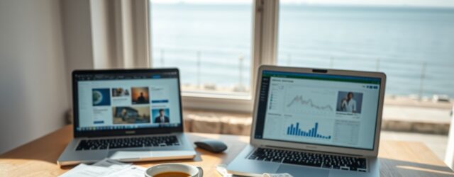 Spazio di lavoro luminoso a Pescara con laptop, tazza di espresso e mappa; WordPress vs Shopify per un'azienda di Pescara.