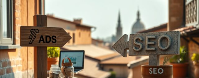 Terrazza in Teramo con segnaposto per "Google Ads vs SEO per un'azienda di Teramo", laptop e piante aromatiche.