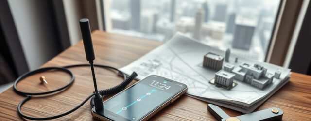 Smartphone con app di posizionamento Google Maps su un tavolo in legno, antena GNSS e mappa cartacea in primo piano.
