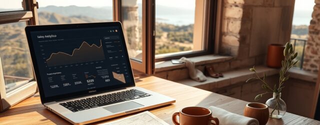 Spazio di lavoro agenzia lead generation Abruzzo con laptop, brochure, mappa, tazza di espresso e rami d'olivo in un'atmosfera calda.