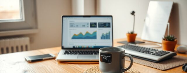 Scrivania in rovere con laptop aperto su dashboard di analisi, smartphone e tazza, atmosfera di lavoro focalizzata sull'acquisizione clienti online.